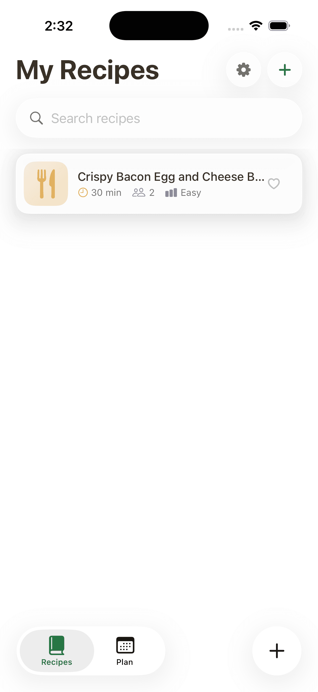 The My Recipes library in Thyme with search and a saved recipe