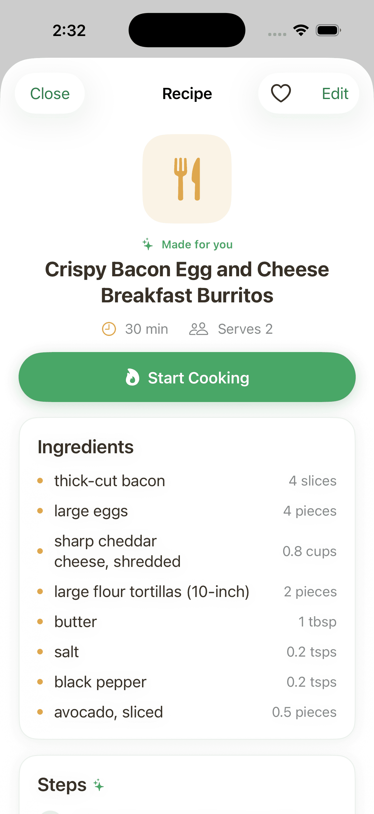 A generated recipe in Thyme: Crispy Bacon Egg and Cheese Breakfast Burritos, with ingredients and a Start Cooking button